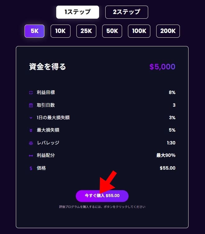 1Stepチャレンジの購入プランを選択する画面
